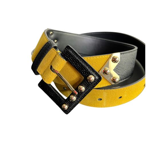 CAbi Accessories - CAbi Genuine Leather Belt Womens M Mustard Yellow Black Ornamental Embossed